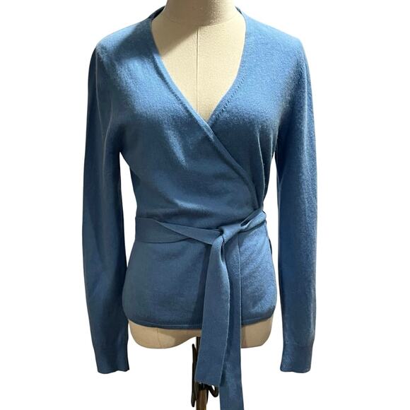Diane von Furstenberg Wool-Cashmere Knitted Ballet Cloud Blue Wrap Sweater Sz LG - Picture 2 of 12